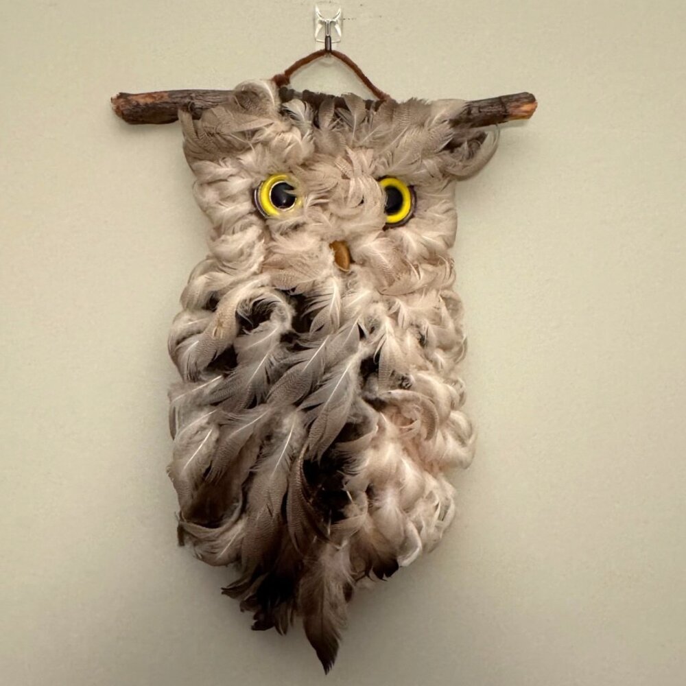 VTG Handmade Feather Owl Wall Hanging Decor With Branch Rod Rustic Nature 16"